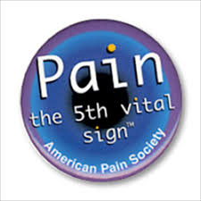 A circular logo for the American Pain Society. The logo is circular in shape and has a blue background with a purple border. In the center of the logo there is a white text that reads "Pain the 5th vital sign" in a bold sans-serif font. The text is centered in the middle of the circle and is surrounded by a yellow dot. The word "Pain" is written in a larger font size than the rest of the text. The overall design is simple and modern.