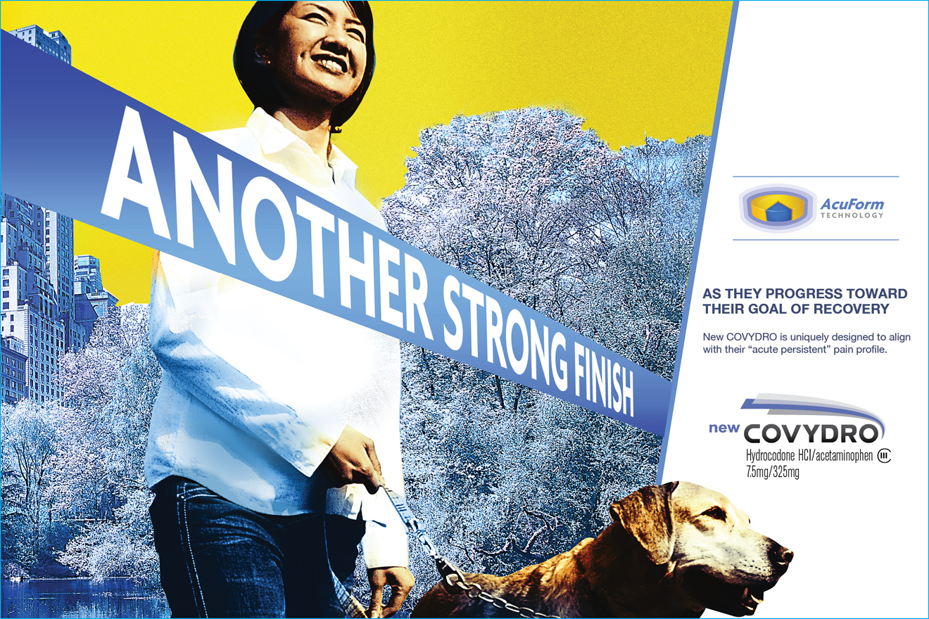 A promotional poster for a company called "Another Strong Finish". The background of the poster is a cityscape with tall buildings and trees. In the center there is a photo of a woman walking her dog on a leash. The woman is wearing a white shirt and blue jeans and is smiling at the camera. The dog is a brown Labrador Retriever with a chain around its neck. The text on the poster reads "As they progress toward their goal of recovery" and "New Covydro". On the right side of the image there are logos for the company and the company's logo.