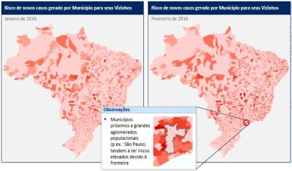 Two maps of Brazil one in January 2016 and the other in February 2016. They are each titled "Riscos de novos casos gerado por Municipio para seus Vizinhos". They each appear to be overlaid with a heat map where most of Brazil is in a light pink color but some regions are in dark red. There is also an inset of a small region of in the south of Brazil that is titled "Observaciones" with some additional information. The text appears to be in Portuguese.