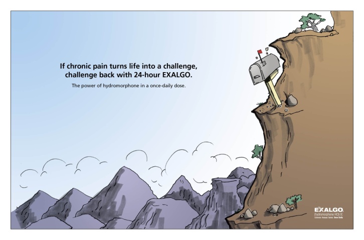 A cartoon illustration of a cliff with a mailbox on top of it. The mailbox is white with a red roof and has a message written on it that reads "If chronic pain turns life into a challenge challenge back with 24-hour EXALGO. The power of hydromorphone in a once-daily dose." The cliff is steep and rocky with a few trees and shrubs growing on the edge. In the background there are mountains and a blue sky with white clouds. The overall mood of the image is one of determination and strength.