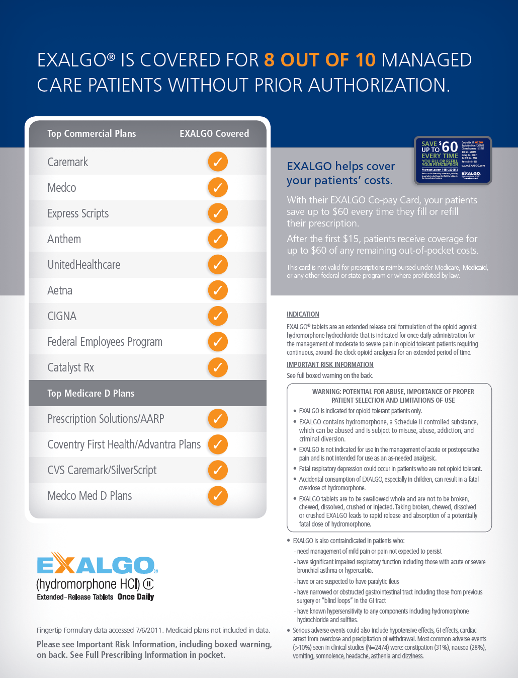 An infographic. The header which has a blue background and white and orange text reads: "Exalgo is covered for 8 out of 10 managed care patients without prior authorization." The infographic is divided into two sections. <br /><br />A table on the left side of the page shows a list of top commercial health plans and top Medicare D plans each with an orange circle with a check mark next to it indicating that Exalgo is covered by those plans. The Exalgo logo is at the bottom left-hand side of the page.<br /><br />On the right side of the infographic there is a description of the Exalgo co-pay card as well as important prescribing information.