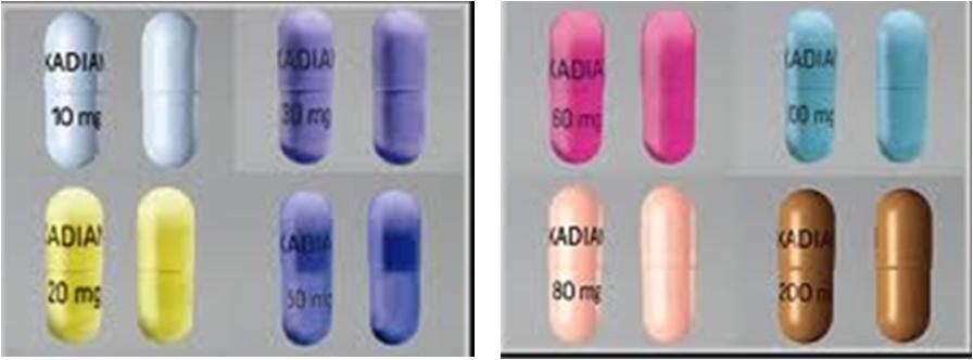 Two rows of pills one in blue and the other in pink. The pills are labeled "ADIA" and are arranged in a grid-like pattern. The blue pill on the left is 10mg the pink pill in the middle is 50mg and the yellow pill is 20mg. The pink pill is 80mg and has a gold-colored cap. The background of the image is white.