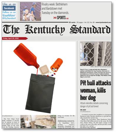 The front page of The Kentucky Standard newspaper. The headline reads "Rivalry week: Bethlehem and Bardstown meet Tuesday on the diamonds". Below the headline there is an image of a black bag with a red bottle of beer spilling out of it. On the right side of the image there are two smaller images of a pit bull attacking a woman. The text on the image reads "Pit bull attacks woman kills her dog".