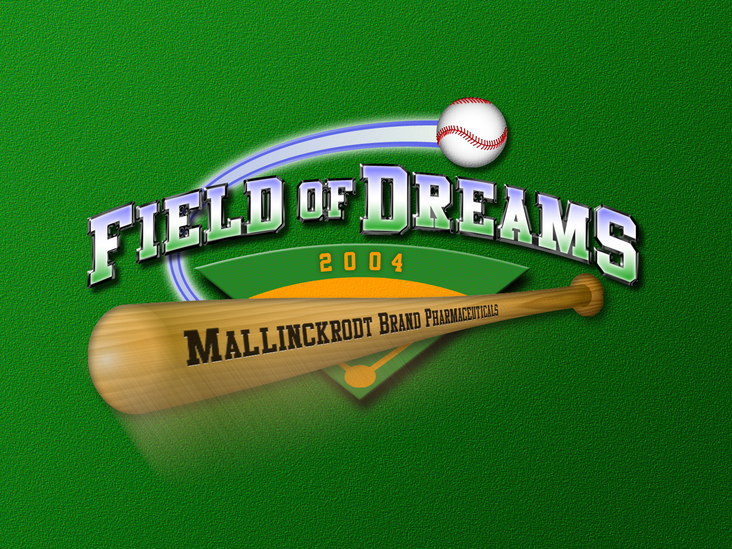 A logo for a baseball event called "Field of Dreams 2004". The logo is set against a green background with a baseball bat and a red and white baseball in the center. The bat is positioned in front of the logo with the word "Field Of Dreams" written in a bold cursive font above it. Below the bat there is a banner that reads "Mallinckrodt Brand Pharmaceuticals" in a smaller font. The overall design is simple and modern with a clean and professional look.