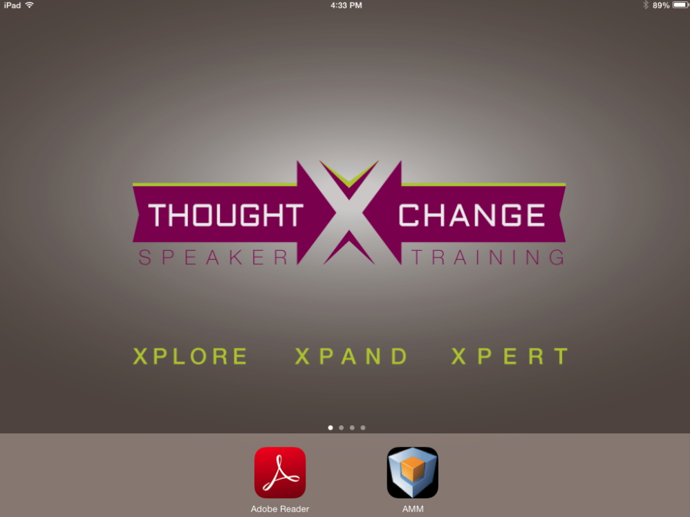 A logo for a speaker training program called "Thought X Change Training". The logo is in the center of the image and is a combination of pink and purple colors. The word "THOUGHT" is written in a bold sans-serif font and is surrounded by a purple and pink diagonal line. Below the word "X" is a smaller text that reads "SPEAKER" in a larger font size. <br /><br />Below the text there are three icons - "XPLORE" "XPAND" and "Xpert". The first icon is a red square with a white arrow pointing to the right the second icon is an orange square with the letter "A" in the middle and the third icon is the Adobe Reader logo.<br /><br />At the top of the logo there is a time and date bar indicating that the program is running on an iPad.