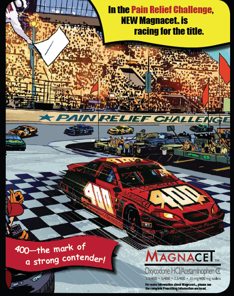 An illustration of a race track with a red car in the center. The car has the number 400 on it and the word "Magnacet" written on the side. The background shows a large crowd of spectators in the stands and other cars on the track. The text on the image reads "In the pain relief challenge New Magnacet is racing for the title." The image also includes a small banner that reads "400 -- the mark of a strong contender!" The Magnacet logo is in the bottom right corner of the page.