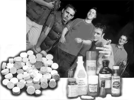 A black and white collage of three photos. In the center of the collage there are five young men standing together and smiling at the camera. They are all wearing casual clothes and are posing for the photo. On the left side of the image there is a pile of pills and capsules. On the right side of the image there are containers of different shapes and sizes of what appear to be dangerous household chemicals. One of the containers is labeled "Nail Polish Remover".