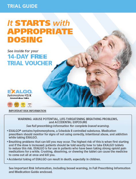 An advertisement for a 14-day free trial voucher for Exalgo. The background is white and the text is in black and orange. On the right side of the image there is an image of a man with grey hair and a beard wearing a blue shirt. He is holding his head with his hand and appears to be deep in thought. The text on the image reads "It Starts with Appropriate Dosing" and "See inside for your 14-Day Free Trial Voucher". Below the text there are warning signs and information about the trial voucher including "Important Risk Information" and "Warning: Abuse Potential Life-threatening Breathing Problems".