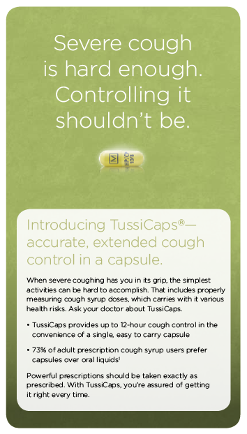 An advertisement for TussiCaps a medication used to treat severe coughs. The background is a light green color and the text is in white. The text reads "Severe cough is hard enough. Controlling it shouldn't be." Below the text there is an image of a yellow pill with the Tuscans logo on it. <br /><br />The text below the pill reads "Introducing TussiCaps® accurate extended cough control in a capsule. When severe coughing has you in its grip the simplest activities can be hard to accomplish. That includes properly measuring cough syrup doses which carries with it various health risks. Ask your doctor about TussiCaps."<br /><br />At the bottom of the image there are two bullet points that explain the benefits of using the medication. The first bullet point explains that the medication can help to reduce the risk of severe cough while the second bullet point provides information on how to use it.<br /><br />Overall the image is promoting the product and its benefits.