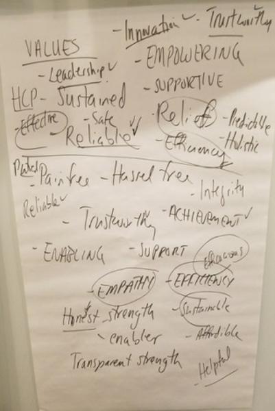 A whiteboard with a list of values written on it. The values are written in black marker and are arranged in a neat and organized manner. The list is titled "Values" and is written in a larger font size than the rest of the text. The values listed are: - Leadership - HCP-Sustained - Empowering - Supportive - Reliable - Painted - Hassel Tree - Integrity - Enabling - Supporting - Empathy - Effort - Honest strength - Enable - Transparent strength There are also several bullet points written on the whiteboard each with a different value. The bullet points are related to leadership leadership and support. Overall the image appears to be a visual representation of the values and their importance in the workplace.