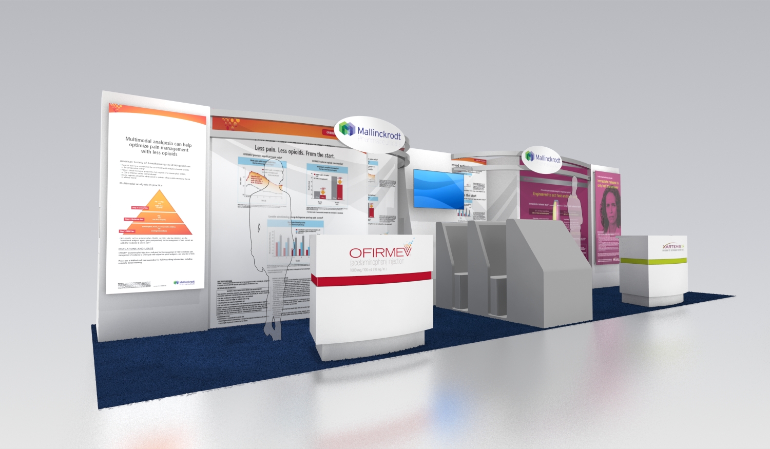 A 3D rendering of a trade show booth. The booth is white with a blue carpet on the floor. On the left side of the booth there is a large banner with an orange and white design. The banner has text and images related to the trade show. <br /><br />In the center of the image there are two white booths with a red and white logo on the front. There is also a large screen on the wall behind the booths.<br /><br />The booth has a modern and professional design with clean lines and a clean layout. The overall color scheme is white orange and pink and the overall design is minimalistic and eye-catching.