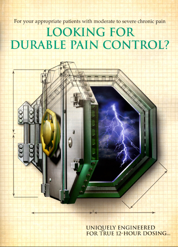 An advertisement for a durable pain control system. It features a large metal safe with a green exterior and a yellow lock on the door. The safe is open revealing a blue lightning bolt inside. The text on the image reads "Looking for durable pain controls? Uniquely engineered for true 12-hour dosing." The background is a beige-colored paper with a grid pattern. The overall design of the safe is modern and sleek.