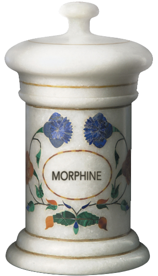 Of a white ceramic jar with a lid. The jar has a round base and a narrow neck. The lid is slightly domed and has a small knob on top. The body of the jar is decorated with a floral design in blue orange and green colors. The word "MORPHINE" is written in a cursive font in the center of the design.