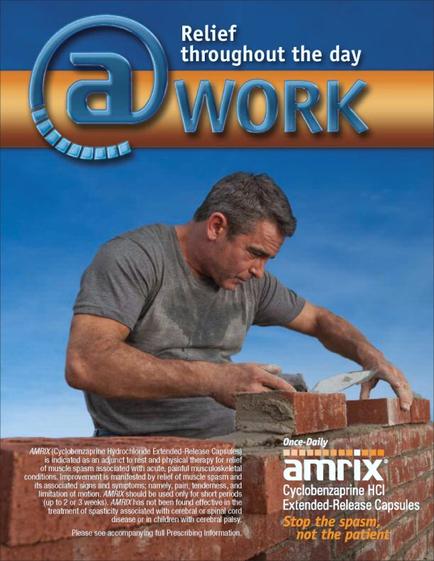 A man working on a brick wall. He is wearing a gray t-shirt and appears to be in the process of constructing the wall. The man is holding a trowel and is using it to mix the bricks together. The background is a blue sky with white clouds. At the top of the image there is a logo that reads "Relief throughout the day @work" and at the bottom there are two bullet points that read "Stop the spasm not the patient". The text on the image is in white and orange colors.