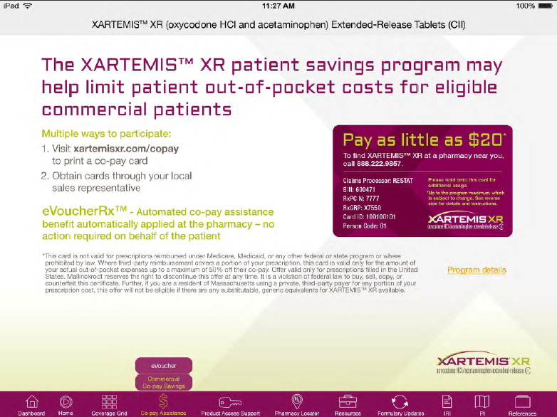 An advertisement for the XARTEMIS® XR patient savings program. The advertisement is promoting the program and encourages people to help limit patient out-of-pocket costs for eligible commercial patients. <br /><br />The advertisement has a purple background with white text. On the left side of the advertisement there is a text that reads "Multiple ways to participate: 1. Visit XartemisXR.com/copy to print a copy card. 2. Obtain cards through your local sales representative. 3. VoucherXR - Automated co-pay assistance benefit automatically applied at the pharmacy - no action required on behalf of the patient."<br /><br />At the bottom of the ad there are several icons that represent different features of the program such as the program details the number of patients and the payment method.<br /><br />On the right side the advertisement has an image of a purple card with the text "Pay as little as $20" and a description of the benefits offered by the program.