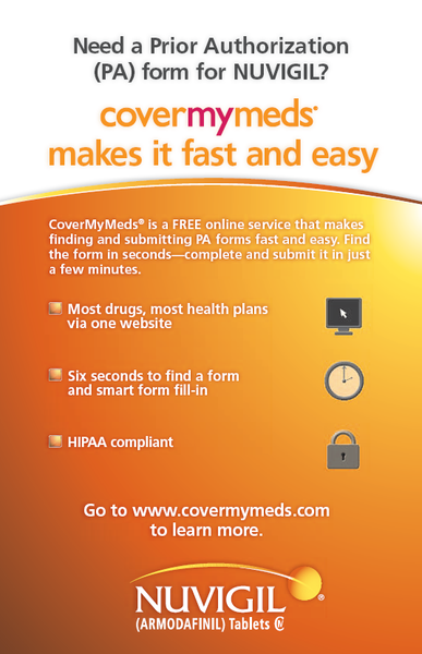 An advertisement for CoverMyMeds a free online service that makes finding and submitting PA forms fast and easy. The background of the image is orange and the text is in white. The text reads "Need a Prior Authorization (PA) form for vigil? Covermymeds makes it fast & easy." Below the text there are six icons representing different aspects of the service. The first icon on the top left corner is a computer monitor the second icon is a clock the third icon is an alarm clock and a padlock. The fourth icon is the HIPAA compliant icon the fifth icon is six seconds to find a form the sixth icon is hipaa compliant the seventh icon is to learn more the eighth icon is from the website www.covermymedss.com the ninth icon is at the bottom right corner the tenth icon is in the shape of a lock the eleventh icon is on the bottom left corner and all the icons are arranged in a grid-like pattern.