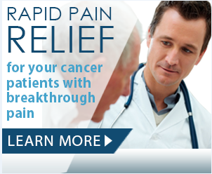 A graphic design with a blue background and white text. On the right side of the image there is a photo of a doctor wearing a white coat and a stethoscope around his neck. He is looking at an older man with a serious expression on his face. The text on the image reads "Rapid pain relief for your cancer patients with breakthrough pain. Learn more."