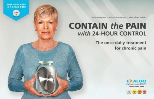 An advertisement for Exalgo a drug that provides 24-hour treatment for chronic pain. The advertisement features a woman with short blonde hair wearing a blue sweater holding a glass jar with a circular saw blade inside. The woman is smiling and looking directly at the camera. The background is white and the text on the right side of the image reads "Contain the pain with 24 hour control. The once-daily treatment for Chronic pain." On the left side there is a blue banner with the company's logo and contact information. At the bottom right corner there are three icons representing the company and its products.