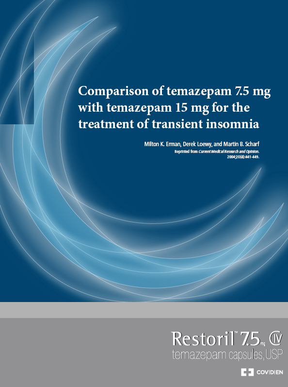 A cover page of a book titled "Comparison of temazepam 7.5 mg with temazepam 15 mg for the treatment of transient insomnia". The background is a dark blue color with a white wave-like pattern on the left side. The wave appears to be made up of thin curved lines that create a sense of movement and energy. The title of the book is written in white text at the top of the page with the author's name and the publisher's name written in smaller text below it. At the bottom right corner there is a logo for Restoril 75.5 a company that provides Restoril capsules USP.