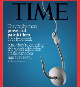 The cover of a Time magazine. The background is a solid blue color with the word "TIME" written in black white letters at the top. Below the word there is a quote from an article by Massimo Calabesi that reads "They're the most powerful painkillers ever invented. And they're creating the worst addiction crisis America has ever seen." The quote is written in a modern sans-serif font and is centered on the cover. On the right side of the cover there is a fish hook with a white pill hooked on it. 