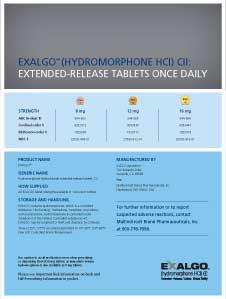 A brochure or advertisement for Exalgo (Hydromorphone HCI) extended-release tablets. The brochure is divided into two sections. The top section is titled "Extended-Release Tablets Once Daily" and has a blue background with white text. Below the title there is a table with three columns - Strength Strength and Strength. The Strength column lists the strength and strength of the tablets while the Strength column shows the strength of each tablet.<br /><br />The Strength column has a list of the product name description and other information about the product. The description explains that the product is made with high-quality materials and is suitable for use in a variety of applications. The product name is written in bold letters at the top of the page followed by a brief description of its benefits and a brief explanation of its use. The EALGO logo is also visible at the bottom right corner.