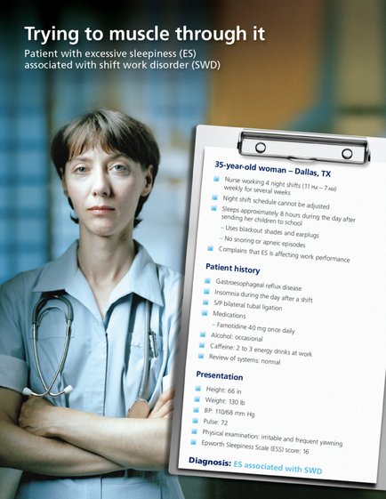 An advertisement for a medical professional named "Trying to muscle through it". The background is blurred but it appears to be a hospital or clinic setting. On the left side of the image there is a photo of a woman wearing a blue scrub suit and a stethoscope around her neck. She has short dark hair and is looking directly at the camera with a serious expression. On the right side there are two bullet points on a clipboard. The first bullet point reads "35-year-old woman - Dallas TX" and the second bullet point is titled "Patient with excessive sleepiness (ES) associated with shift work disorder (SWD)." Below the bullet point it reads "Presentation: Diagnosis: ES associated with SWD." This suggests that the image is promoting a presentation on the topic of muscle-related work disorder in Dallas Texas.