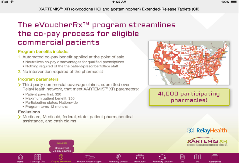 A screenshot of a webpage from the XARTEMIS XR (Xartemis Rx) program streamlines the co-pay process for eligible commercial patients. The webpage has a white background with a map of the United States on the right side. The map is color-coded to show the number of patients in each state. <br /><br />On the left side of the page there is a title that reads "The EvoucherRx™ program streamlines" in bold black font. Below the title there are two bullet points that explain the program's benefits. The first bullet point explains that the program benefits include:<br /><br />1. Automated co-payment benefit applied at the point of sale<br />2. No intervention required for the pharmacy<br />3. Third party commercial coverage claims submitted over RelayHealth network that meet XARTEMS® XR parameters<br />4.41000 participating pharmacies<br />5. Exclusions<br />6. Medicare Medicaid federal state patient pharmaceutical assistance and cash claims<br /><br />At the bottom of the webpage there has a link to the website's website and a button to download the program.