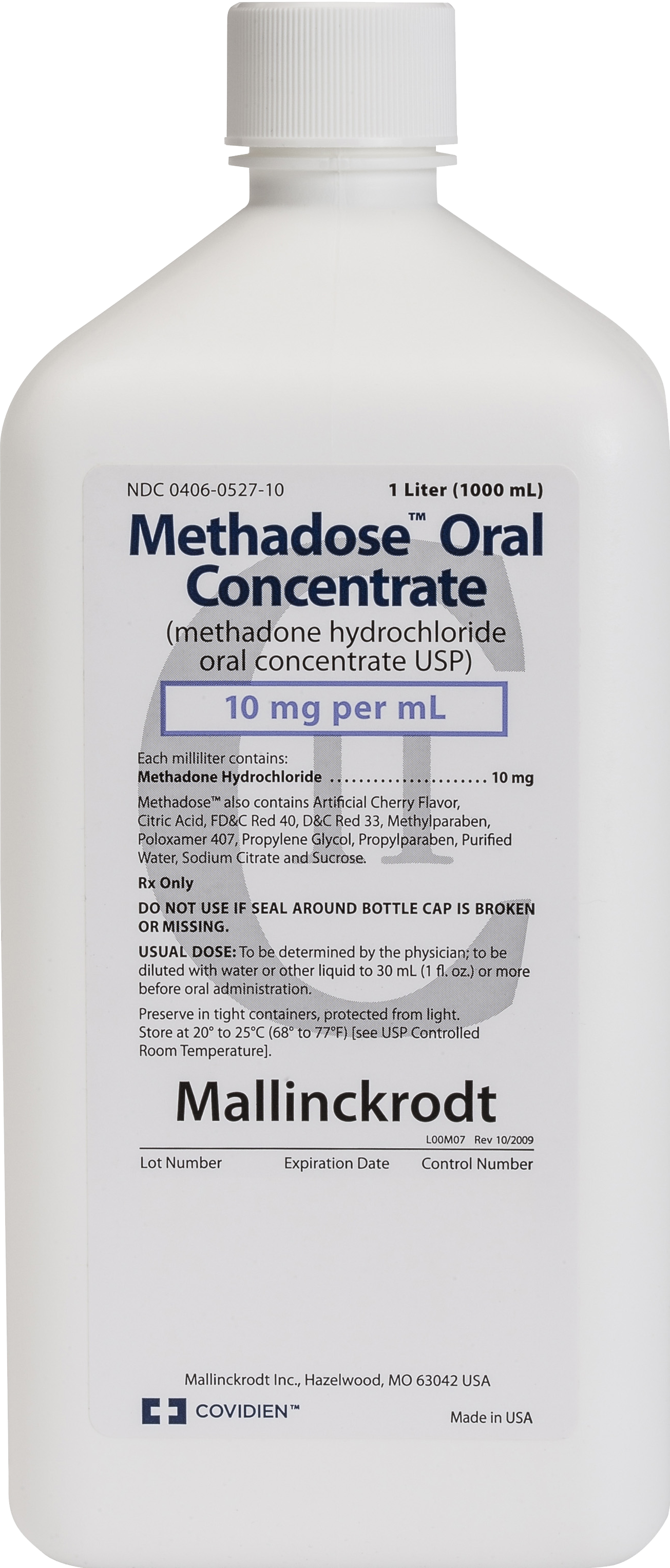 Of a white plastic bottle with a white cap. The label on the bottle reads "Methadose Oral Concentrate" in bold black letters. Below the label there is a description of the product which states that it is 10 mg per ml and is made in the USA. <br /><br />The label also mentions that the product is a seal-based bottle cap that can be broken. The bottle is labeled "Mallinckrodt" and "Covidien" in smaller black letters at the bottom. The background of the label is plain white.