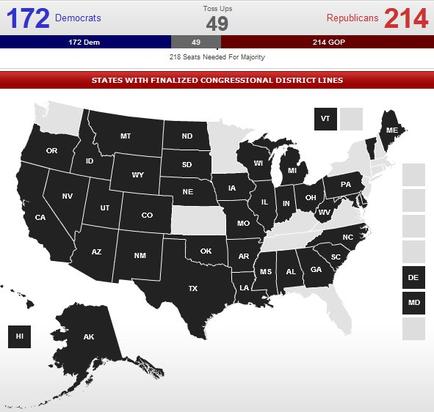 A map of the United States showing the states with finalized congressional district lines. The map is black and white with each state outlined in a different color. The states are labeled with their respective names such as "172 Democrats" "49 Republicans" and "214 GOP". The map also includes a legend that explains the colors used in the map. The background of the map is white and the text is black.