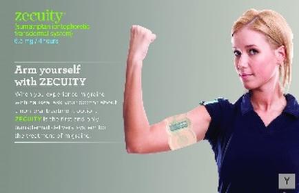 A young woman with blonde hair wearing a blue polo shirt flexing her arm with a bandage on it. The bandage is green and appears to be made of a transparent material. The woman is looking to the side with a serious expression on her face. On the left side of the image there is text that reads "Arm yourself with security" and on the right side there are three bullet points that explain how to arm yourself with the bandage. The bullet points are written in black text and are arranged in a grid-like pattern. The background is a light green color.