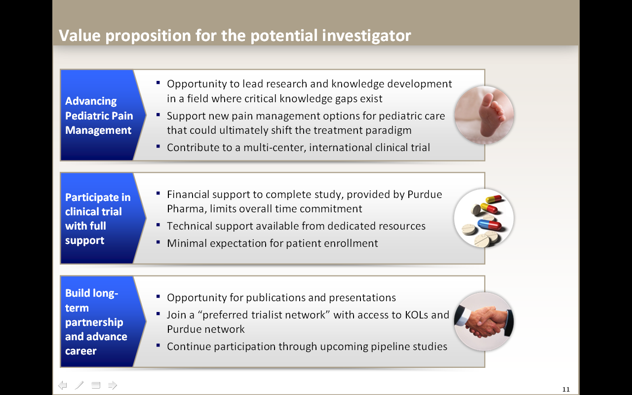 A slide from a presentation titled "Value proposition for the potential investigator". It has a beige background and white and black text. The slide is divided into three sections.<br /><br />The first section is titled "Advancing Pediatric Pain Management" and it reads "Opportunity to lead research and knowledge development in a field where critical knowledge gaps exist. Support new pain management options for pediatric care that could ultimately shift the treatment paradigm. Contribute to a multi-center international clinical trial." There is a photograph of a foot.<br /><br />The second section is titled "Participate in clinical trial with full support." It reads:  "Financial support to complete study provided by Purdue Pharma limits overall time commitment technical support available from dedicated resources minimal expectation for patient enrollment." There is a photograph of some pills and tablets.<br /><br />The third section is titled "Build long-term partnership and advance career". It reads: "Opportunity for publications and presentations join a 'preferred trialist network' with access to KOLS and Purdue network continue participation through upcoming pipeline studies." There is a photograph of a handshake.