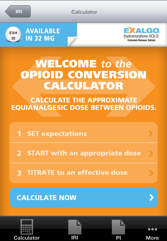 A screenshot of a webpage titled "Exalgo Opioid Conversion Calculator". The app has an orange background with white text. At the top of the screen there is a blue button that says "Available in 32 mg". Below the button there are three options - "Calculate the approximate equianalgesic dose between opioids" "Set expectations" and "Start with an appropriate dose". <br /><br />At the bottom of the image there has a calculator icon and a button to calculate the amount of an effective dose.