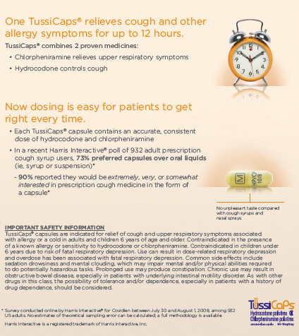 An infographic that explains how TussiCaps relieves cough and other allergy symptoms for up to 12 hours. The infographic is divided into three sections.<br /><br />The first section on the left side of the image has an illustration of an alarm clock with the text "TussiCaps" above it. The alarm clock is orange and white with black hands and numbers. The text below the alarm clock reads "Now dosing is easy for patients to get right every time."<br /><br />On the right side there is an image of a yellow pill with a green label that reads "Important safety information." The text is written in black font and is centered on the image. The background of the infographic is white.