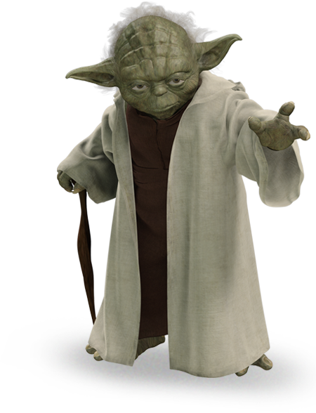 A 3D rendering of the character Yoda from the Star Wars franchise. Yoda is standing with his arms stretched out to the side and his right hand is raised. He is wearing a long light green robe with a brown shirt underneath. His head is covered in wrinkles and his eyes are wide open giving him an angry expression. The background is black with a colorful pattern.