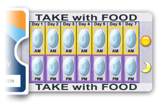 A graphic design of a take-with-food card. The card has a white background with a blue and orange gradient on the left side. On the right side there is a yellow circle with a crescent moon on it. In the center of the card there are 12 blue pills arranged in a grid-like pattern. Each pill has a date and time printed on it indicating that it is day 1 day 2 day 3 day 4 day 5 day 6 day 7 day 8 day 9 day 10 day 11 day 12 day 13 day 14 day 15 day 16 day 17 day 18 day 19 day 20 day 21 day 22 day 23 day 24 day 25 day 26 day 27 day 28 day 29 day 30 day 31 day 32 day 33 day 34 day 35 day 36 day 37 day 38 day 39 day 40 day 41 day 42 day 43 day 44 day 45 day 46 day 47 day 48 day 49 day 50 day 51 day 52 day 53 day 54 day 55 day 56 day 57 day 58 day 59 day 60 day 61 day 62 day 63 day 64 day 65 day 66 day 67 day 68 day 69 day 70 day 71 day 72 day 73 day 74 day 75 day 76 day 77 day 78 day 79 day 80 day 81 day 82 day 83 day 84 day 85 day 87 day 88 day 89 day 90 day 91 day 92 day 93 day 94 day 95 day 96 day 97 day 98 day 99 and day 100.