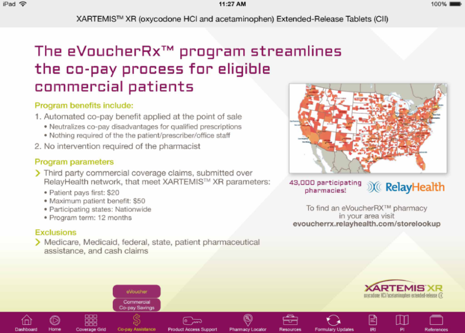 A screenshot of an advertisement for the EvoucherRX program streamlines the co-pay process for eligible commercial patients. The advertisement is displayed on an iPad screen. The background of the image is white and the text is in black and orange. <br /><br />On the right side of the screen there is a map of the United States with red and orange squares representing the number of commercial patients in each state. The map is overlaid on top of a white background. The text on the screen explains that the program benefits include:<br /><br />1. Automated co-payment benefit applied at the point of sale<br />2. No intervention required for the pharmacy<br />3. Third party commercial coverage claims submitted over RelayHealth.<br />4. Medicare Medicaid federal state patient pharmaceutical assistance and cash claims<br /><br />At the bottom of the advertisement there are several icons representing different services offered by the program. The company's logo is also visible in the bottom right corner.