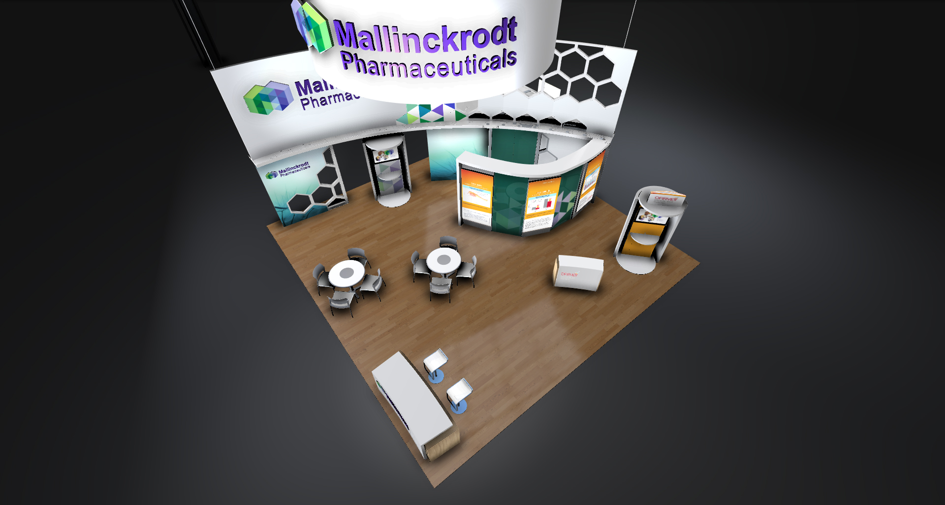 A 3D rendering of a trade show booth for Mallinckrodt Pharmaceuticals. The booth is located in a large room with a wooden floor and a white wall. The top of the booth has a large banner with the company's logo and name in bold colorful letters. Below the banner there is a smaller banner with a colorful design.<br /><br />The booth is divided into two sections with the left side having a green and white color scheme and the right side having an orange and yellow color scheme. There are several tables and chairs arranged in front of the booths and a small kiosk on the floor. The kiosk has a computer monitor and a keyboard and there are several other kiosks and displays on the walls. The overall design of the exhibition stand is modern and eye-catching with a focus on the company and its products.