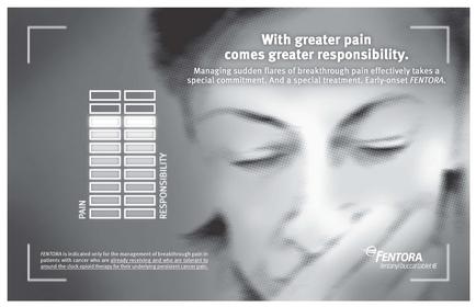 A black and white illustration of a woman's face with her eyes closed and her head resting on her hand. The background is a gradient of grey and white. On the left side of the image there is a text that reads "With greater pain comes greater responsibility. Managing sudden flares of breakthrough pain effectively takes a special commitment. And a special treatment. Early onset mentor." On the right side there are six rectangular boxes arranged in a grid-like pattern. The boxes are labeled "PAIN" "RESPONSIBILITY" and "PAINT". The text is written in a bold sans-serif font and is centered on the image. The overall design is simple and minimalist.