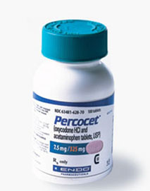 Of a white plastic bottle with a blue cap. The label on the bottle is blue and white with the brand name "Percocet" written in bold black letters at the top. The bottle is labeled "ENDO" in smaller black letters indicating that it is a product from the brand Endo.