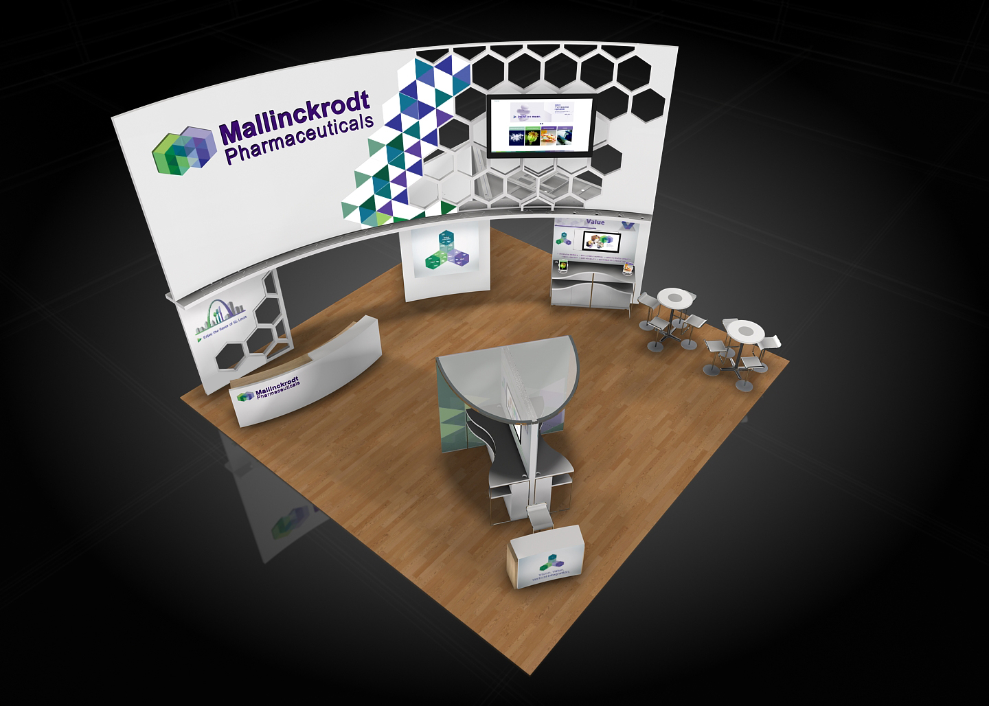 A 3D rendering of a trade show booth for Mallinckrodt Pharmaceuticals. The booth is white with a colorful geometric design on the top and bottom. The design features a large screen on the right side of the booth displaying the company's logo and contact information. <br /><br />The booth is set up on a wooden floor with a curved wall on the left side. There are several tables and chairs arranged around the booth and a desk in the center. On the desk there is a computer monitor and a keyboard. There is also a small white box on the floor next to the desk.<br /><br />Overall the booth appears to be modern and professional with a clean and organized design.