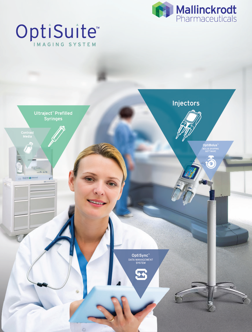 A young woman wearing a white lab coat and a stethoscope around her neck holding a tablet in her hand. She is standing in front of a medical equipment which appears to be a CT scan machine. The image also has text that reads "OptiSuite Imaging System" and "Mallinckrodt Pharmaceuticals". There are three arrows pointing in different directions each representing a different aspect of the imaging system.<br /><br />The first arrow on the left side of the image shows an ultrasound-preferred syringe the second arrow shows an injector and the third arrow shows the injector. The text on the right side reads "Injectors".<br /><br />There is also a logo for Mallinckrodt Pharmaceuticals on the top right corner which is a blue and green shield with the company's name written in white letters. The background is white and there is a person in the background suggesting that the image was taken in a hospital or medical facility.