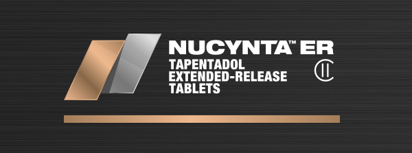 A black background with the text "NUCYNTA ER Tapentadol Extended-Release Tablets" written in white. The text is in a modern sans-serif font and is centered on the image. Below the text there is a logo of a tablet with a gold-colored cover. The tablet is placed on a horizontal bar which is also gold in color. The overall design of the image is sleek and minimalistic.