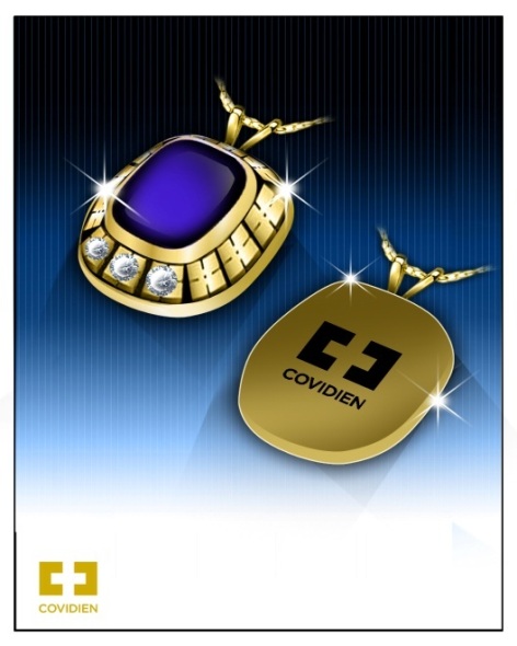 A digital illustration of two pendants. The pendants are made of gold and have a rectangular shape with a blue stone in the center. The stone is surrounded by small diamonds giving the pendants a luxurious and elegant look. The background is a gradient of blue and black creating a striking contrast with the gold pendant. The word "COVIDIEN" is written in white capital letters on the bottom right corner of the image. The overall design is modern and luxurious conveying a sense of luxury and sophistication.