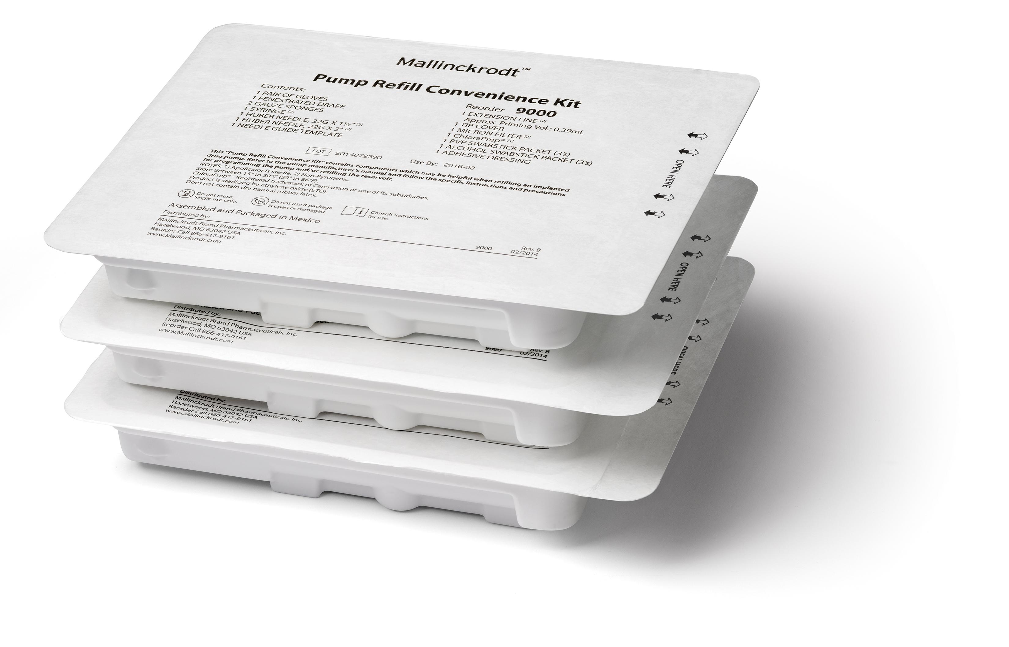 A stack of three white plastic containers with a label on top. The label reads "Pump Refill Convenience Kit" and has a list of instructions on how to use the kit. The containers appear to be empty and are stacked on top of each other. The background is plain white.