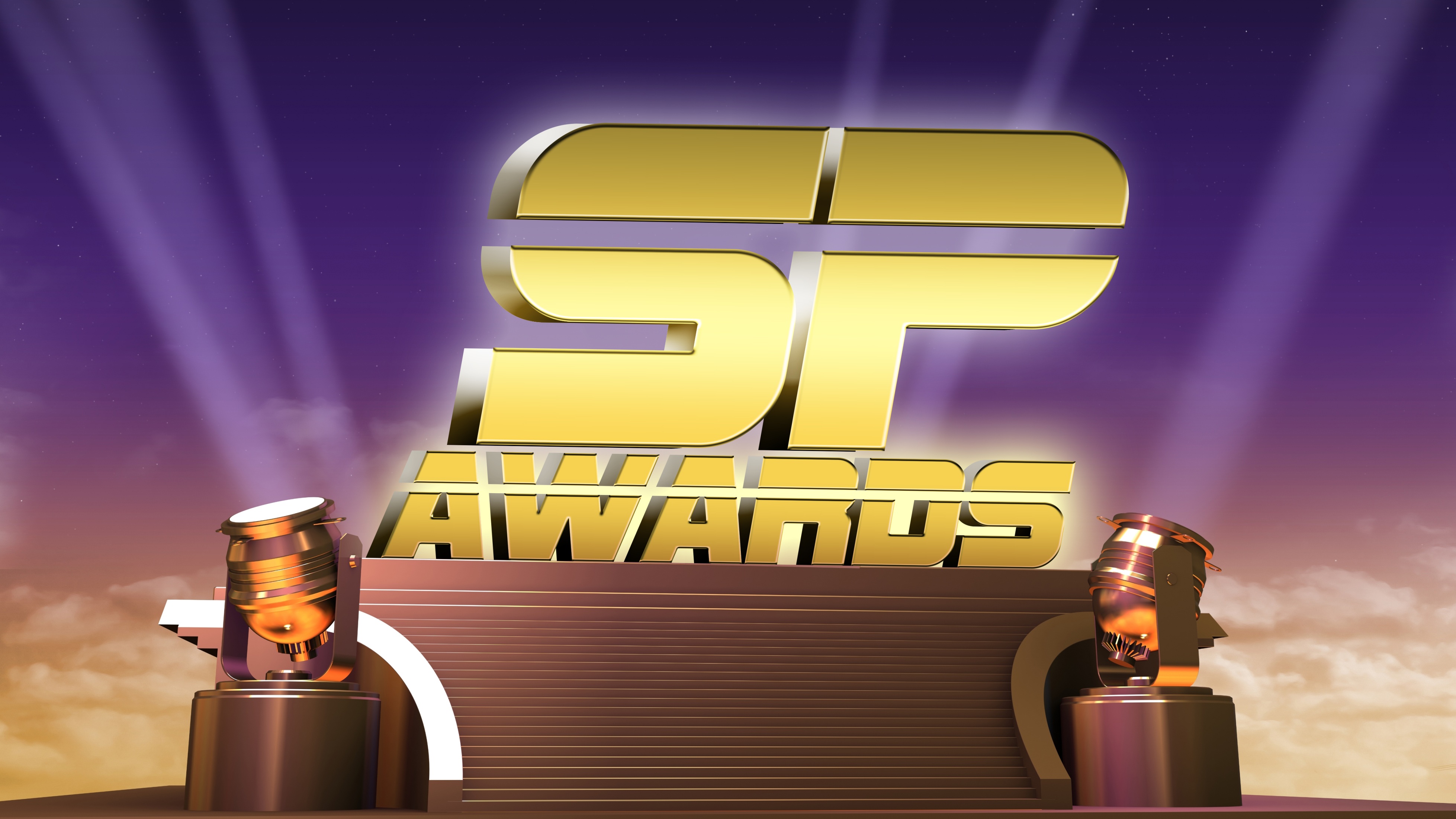 A digital illustration of the logo for the SP Awards. The logo is in the center of the image with the letters "SP" in gold color and "Awards" in smaller gold letters below it. The letters are arranged in a 3D style with a curved line connecting them. The background is a gradient of purple and orange with rays of light shining down on the logo. On either side of the letters there are two golden trophies. The trophies appear to be made of metal and have a shiny finish. The overall color scheme of the illustration is warm and luxurious.