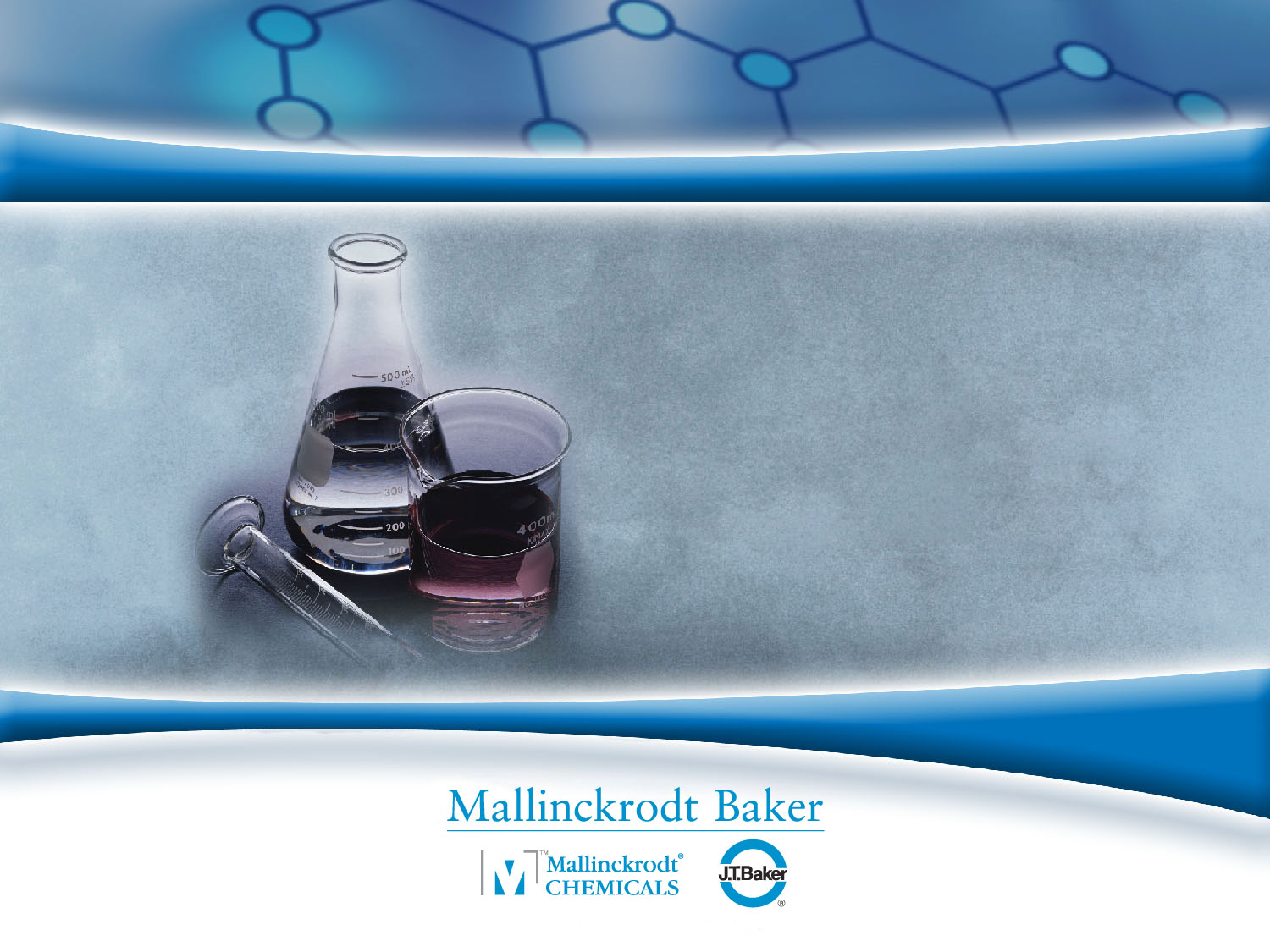 A digital illustration of a laboratory setting with a blue background and a molecular structure in the top right corner. On the left side of the image there is a conical flask with a long neck and a wide base filled with a dark red liquid. Next to the flask there are two small flasks one with a dropper and the other with a funnel. The flasks are placed on a white surface with a grayish-blue gradient background. The image also has the logo of Mallinckrodt Baker Chemicals a chemical company in the bottom right corner and the company's name in white text.