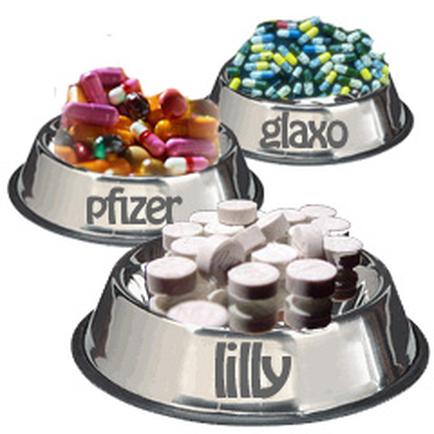 Three pet food bowls with different types of pills and capsules in them. The bowls are made of stainless steel and have the word "pfizer" and "lilly" engraved on them. The first bowl on the left is filled with colorful pills of different sizes and colors including pink orange yellow green blue and purple. The second bowl in the middle is empty and the third bowl is filled to the brim with more pills. The pills are arranged in a circular pattern with some spilling out of the bowls. All three bowls have a shiny finish and appear to be new and unused.