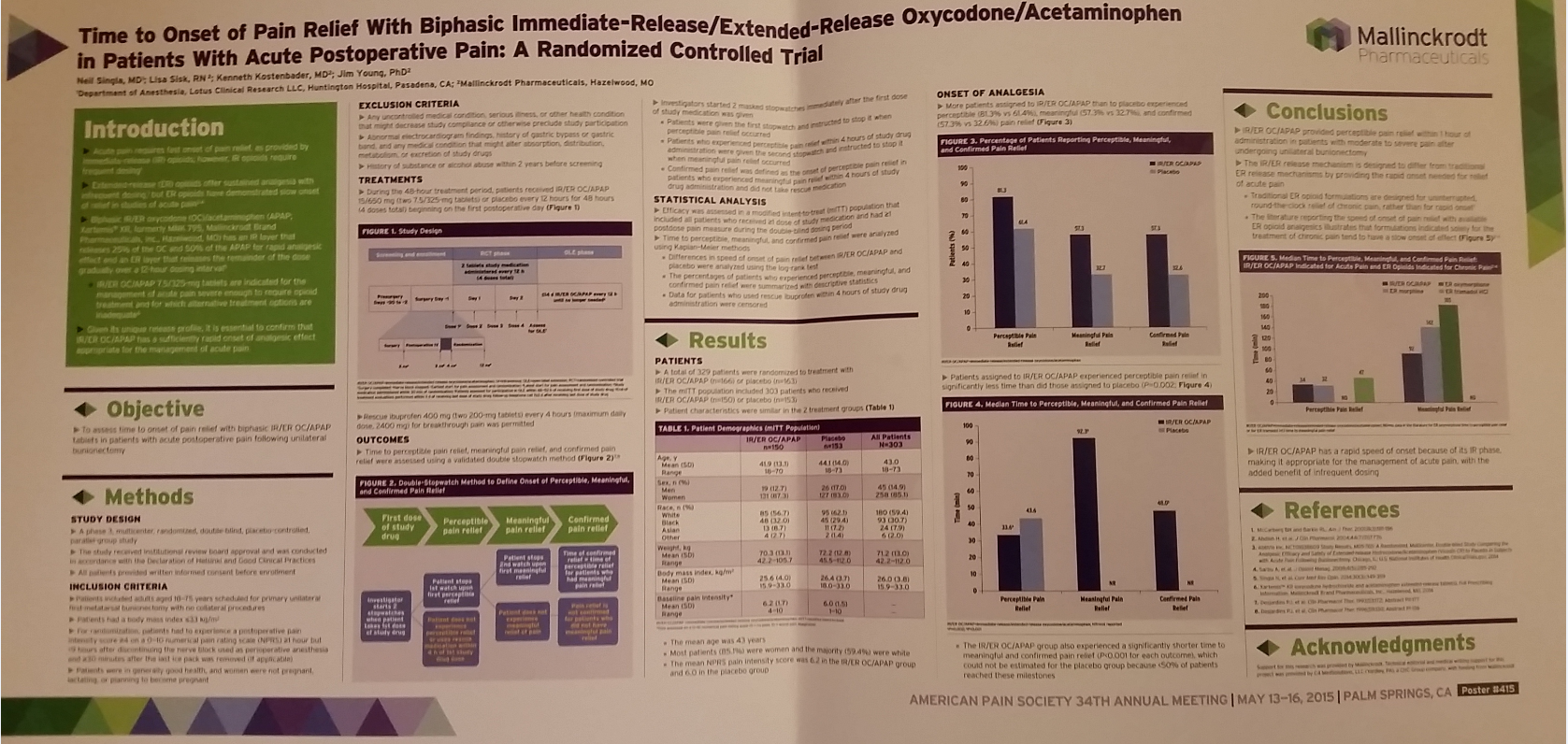 A tri-fold brochure or poster with a green background and white text. The title of the brochure is "Time to onset of Pain Relief with Bipolar Immediate-Release Extended-Release Oxycodone/Acetaminophen in Patients with Acute Postoperative Pain: A Randomized Controlled Trial". <br /><br />The brochure has a title at the top that reads "Introduction" and below it there is a section titled "Objective Methods". On the left side of the page there are several bullet points that provide information about the topic.<br /><br />On the right side there has a bar graph that shows the results of a randomized controlled trial. The graph is divided into different sections each with a different color and label. The first section has a list of methods the second section has results and the third section has references. The fourth section has the title "References" and the fifth section has an image of a bar chart. The brochure appears to be a comprehensive overview of the trial and its results.