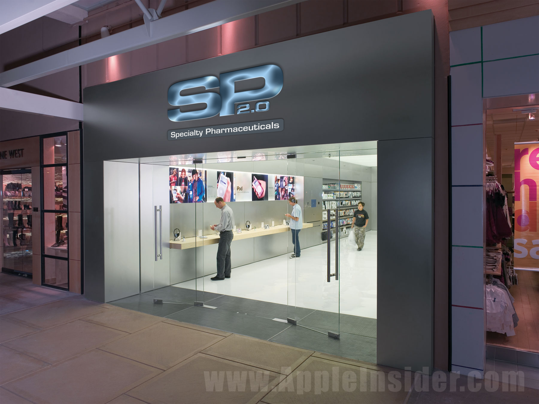 The entrance of a Specialty Pharmaceuticals store. The store is located in a shopping mall with a modern design. The entrance has a large glass window with a sign that reads "SP 2.0" above it. Inside the store there are two men standing in front of the counter looking at the items on display. On the right side of the image there is a store with a pink and white sign that says "Refresh". The store appears to be well-lit with natural light coming in from the windows.