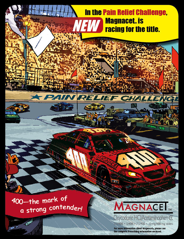 A digital illustration of a race track with a red car in the center. The car is a NASCAR car with the number 400 on it and the words "Pain Relief Challenge" written on the side. The background shows a large crowd of spectators in the stands and a checkered flag waving in the wind. The text on the image reads "In the Pain Relief Challenge Magnacet is racing for the title." Below the car there is a banner that reads "400-the mark of a strong contender!" and a logo for the brand "Magnacet." The overall color scheme of the image is red yellow and blue.